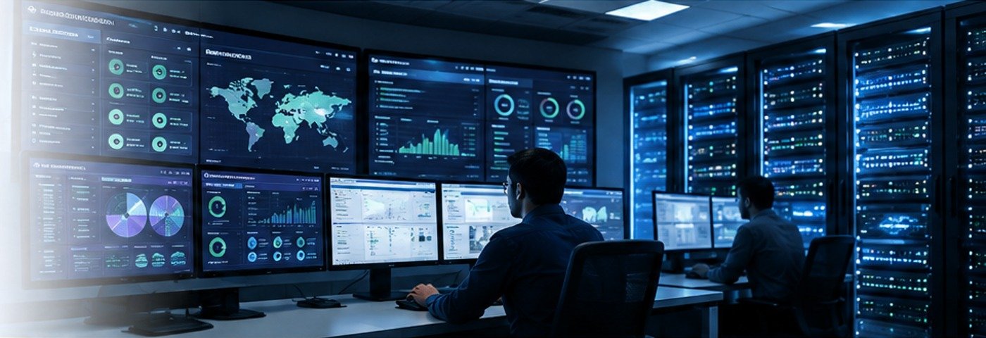 IT professionals monitoring enterprise network infrastructure in a Network Operations Center